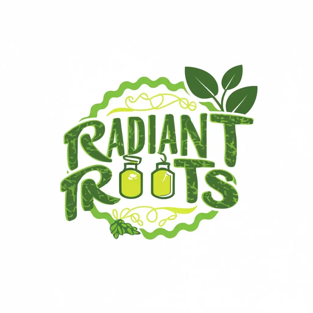 logo, Health & Wellness with Fresh green juices, with the text "Radiant Roots", typography, be used in Restaurant industry