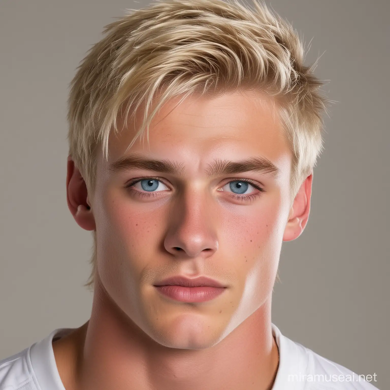 High school jock, blond, blaue Augen 
