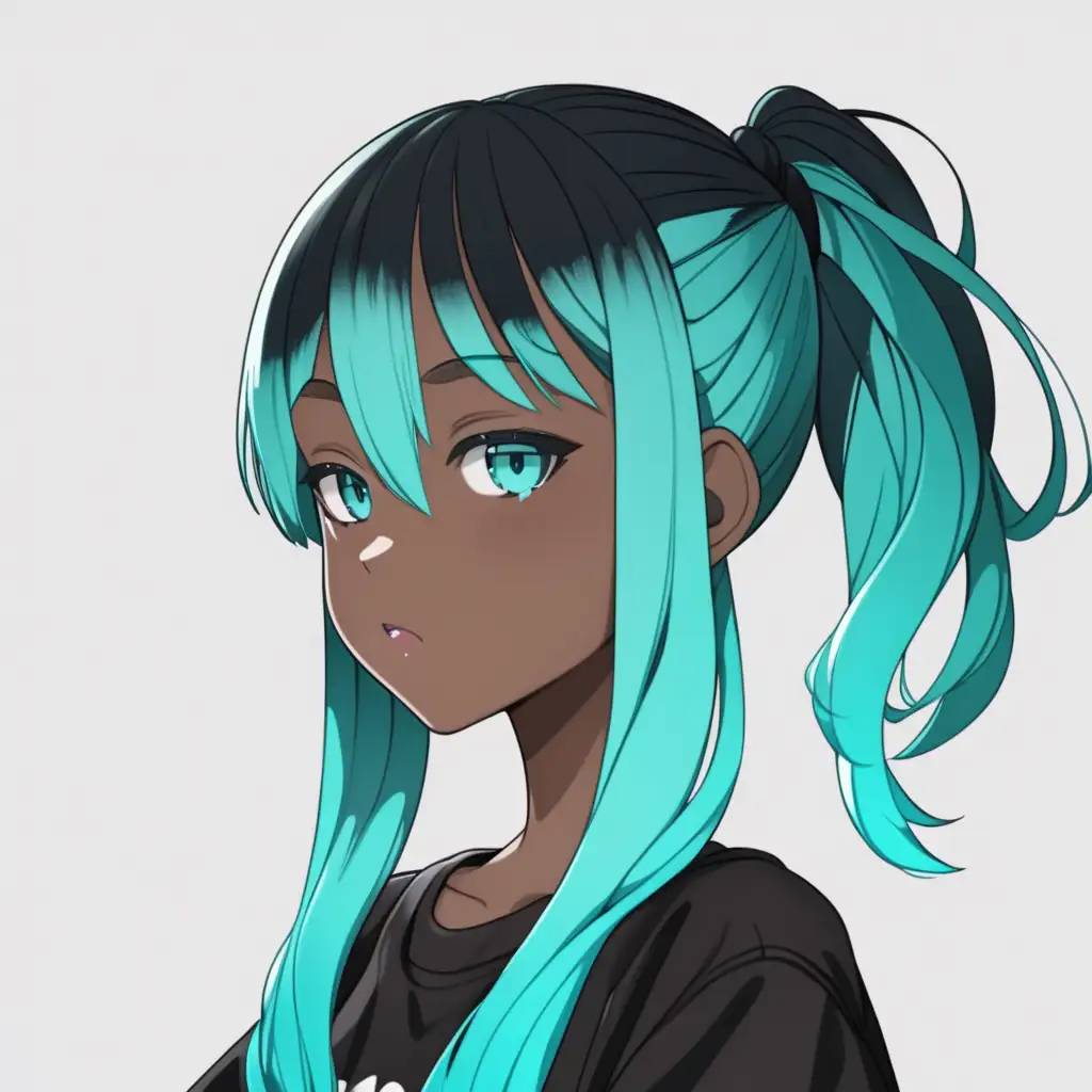 Stylish Anime Character Elegant Black Girl with Striking Turquoise Hair