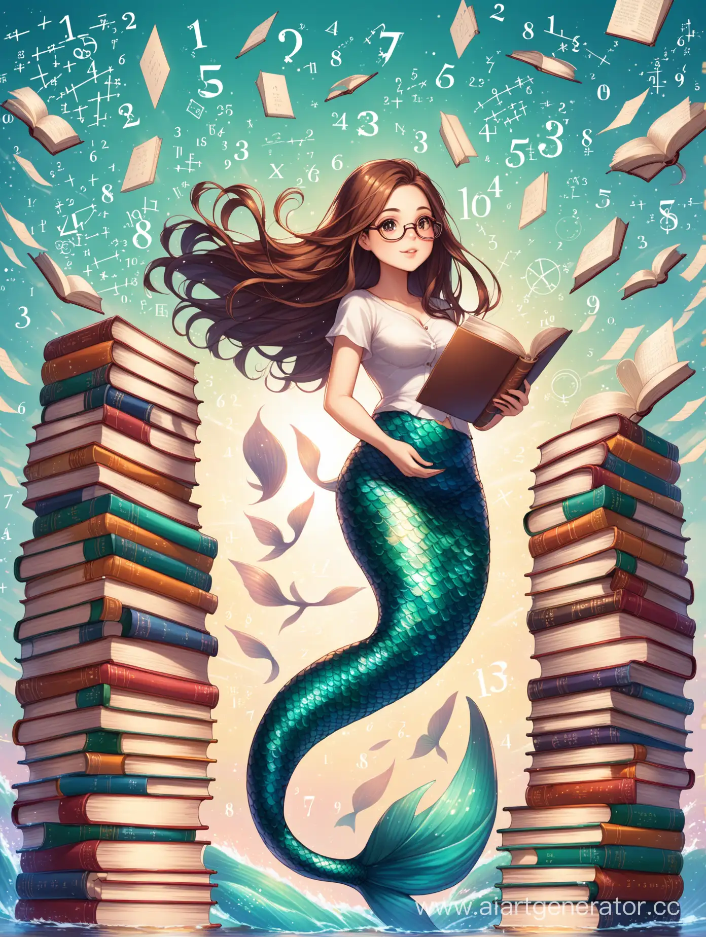 BrownHaired-Mermaid-with-Glasses-Surrounded-by-Mathematical-Formulas-and-Books