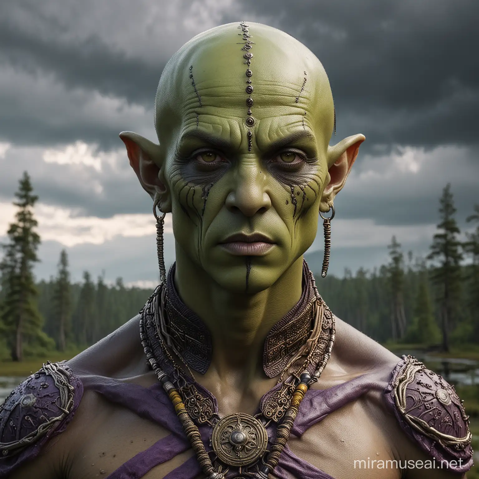 Hyperrealistic image of a tall extremely gaunt D&D style alien gith male monk wearing intricately detailed monistic clothing, martial arts battle stance,  yellow-green skin with many facial markings across his cheeks, almost non-existent flat snakelike nose lays flush against his face, pointed ears held tight to his head, stringy long thin black mustache that extends to his chest, large piercing purple eyes, long thin fingers, in the background is a surreal multi-colored forested swamp, ominous grey and green clouds are in a dark sky. 