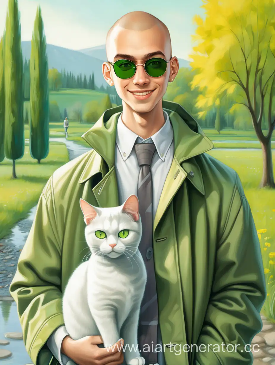 A smiling young guy with a shaved head and green eyes, sunglasses with dark round lenses, dressed in a green raincoat, a white shirt with a yellow tie and dark gray trousers, holding a white-gray cat with green eyes, against the background of a spring landscape