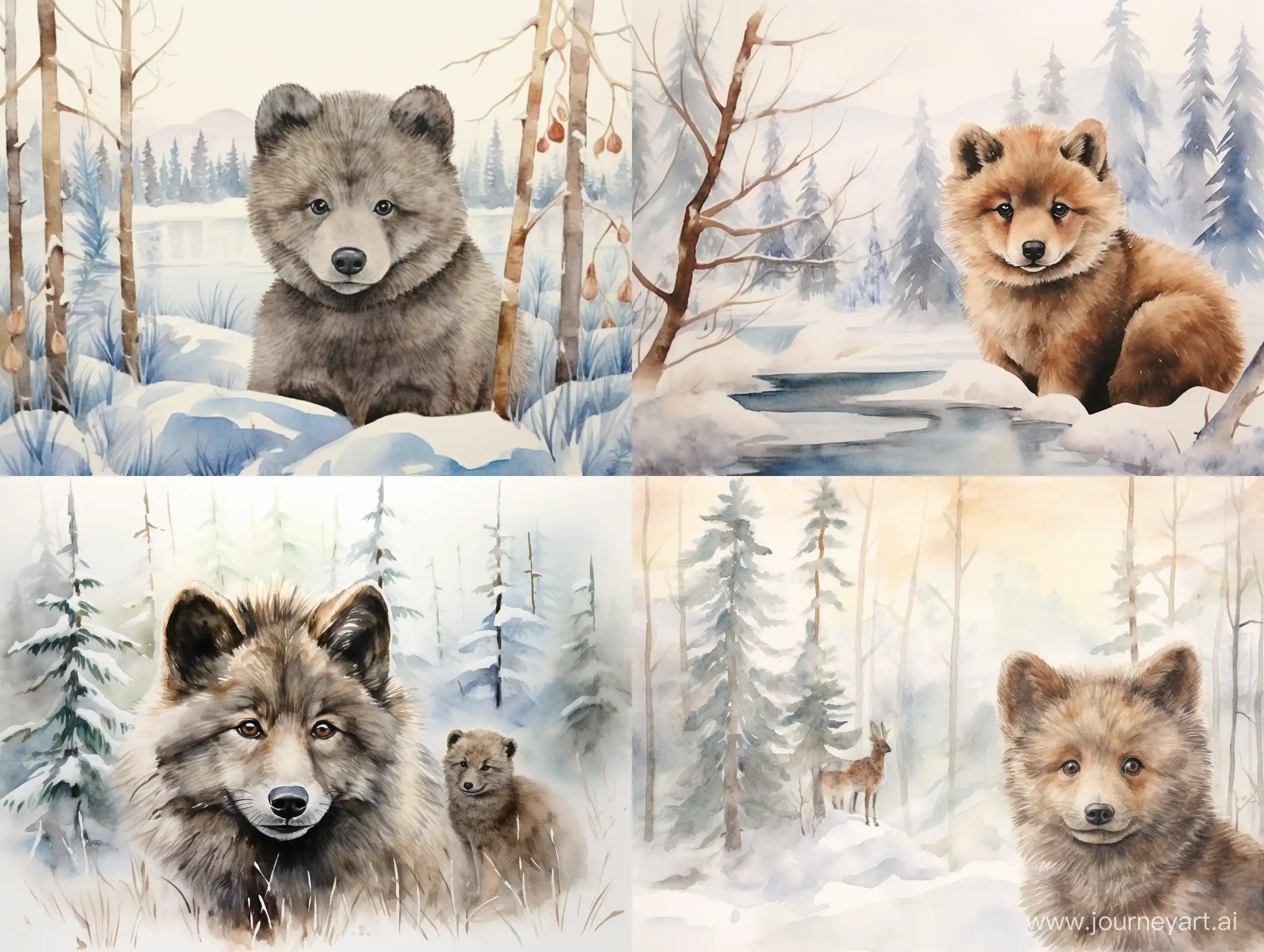 Adorable-Winter-Wolf-in-a-Hat-Amidst-Enchanting-Watercolor-Forest