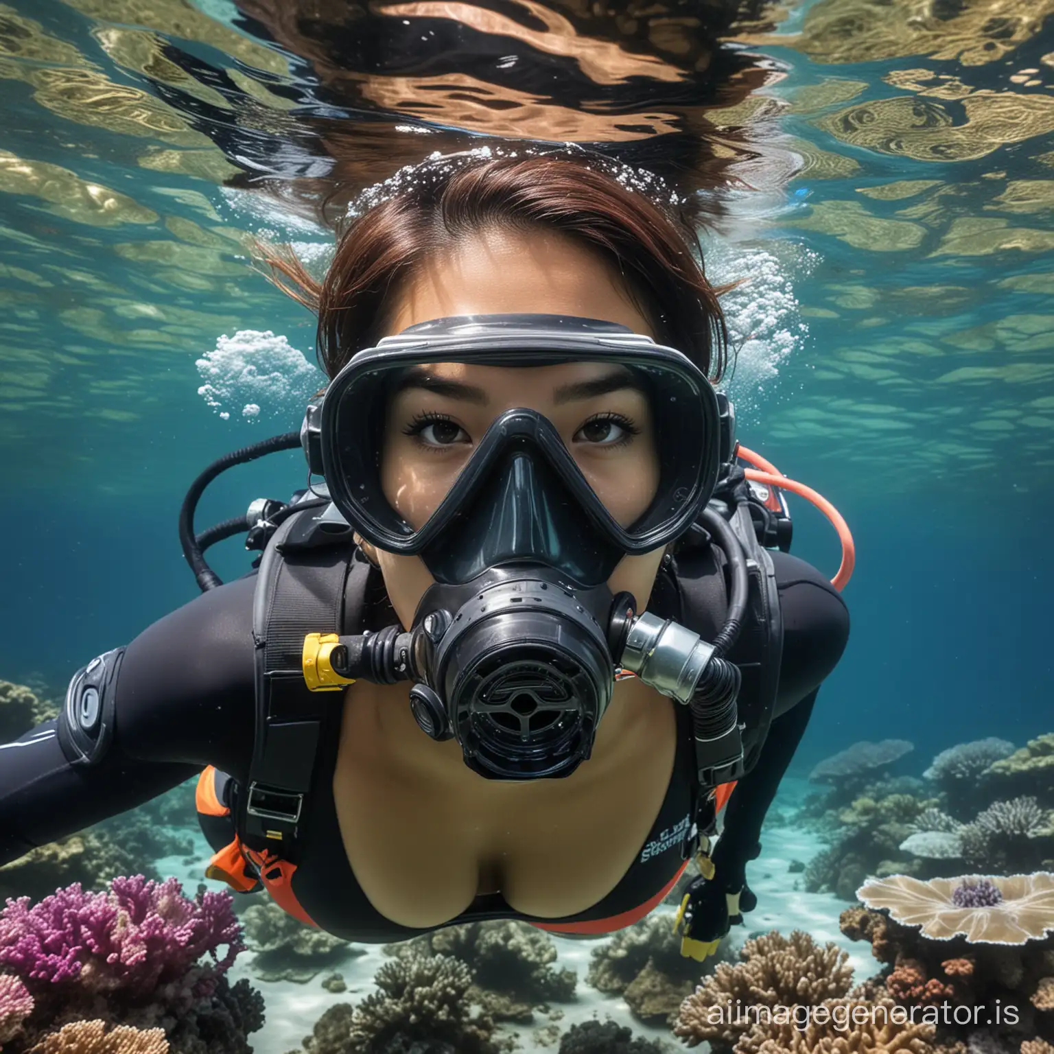 Busty Asian scuba diver underwater with realistic scuba gear. Mask is covering eyes and mouthpiece is in mouth. In deep water with colourful reef in background. Wearing bikini