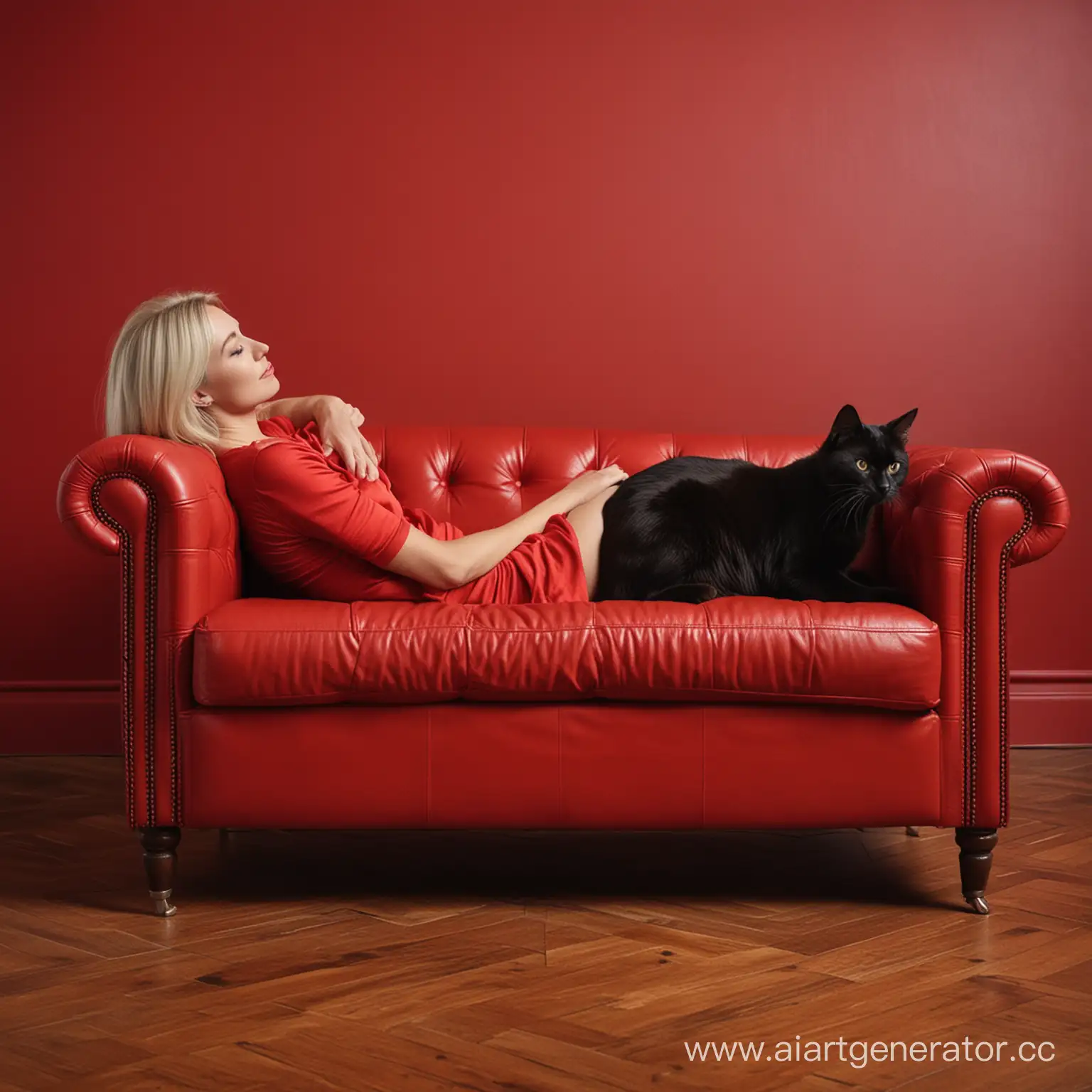 Blonde-Woman-Relaxing-with-Black-Cat-on-Red-Couch