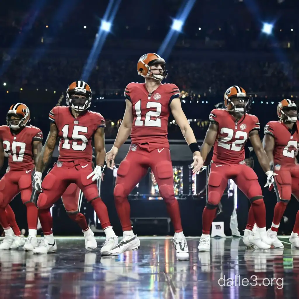 Generate high resolution image of NFL  players wearing team jerseys dancing in flamboyantly at a Taylor Swift concert
