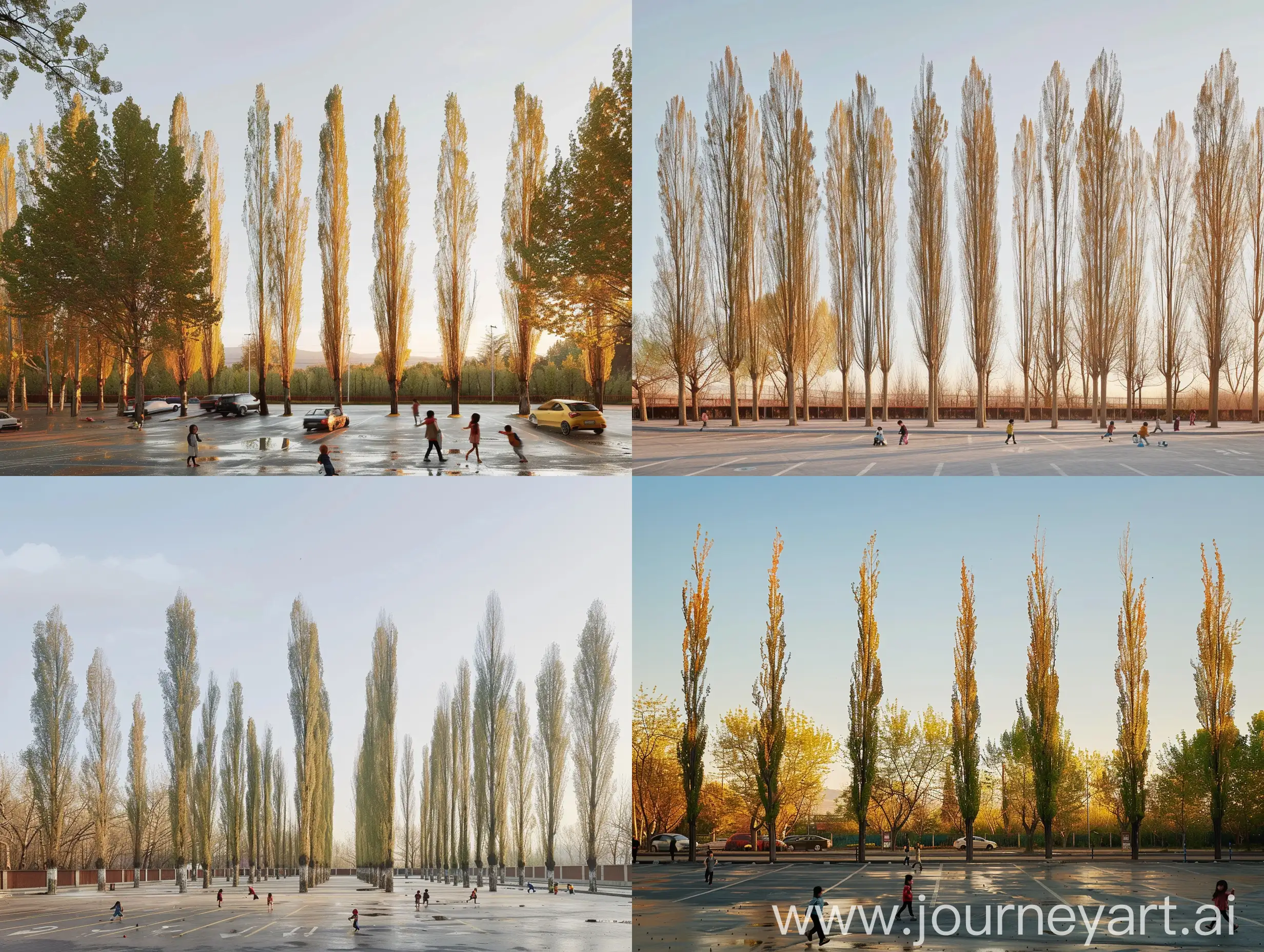 Happy-Children-Playing-Under-Spring-Sunset-by-Tall-Poplar-Trees