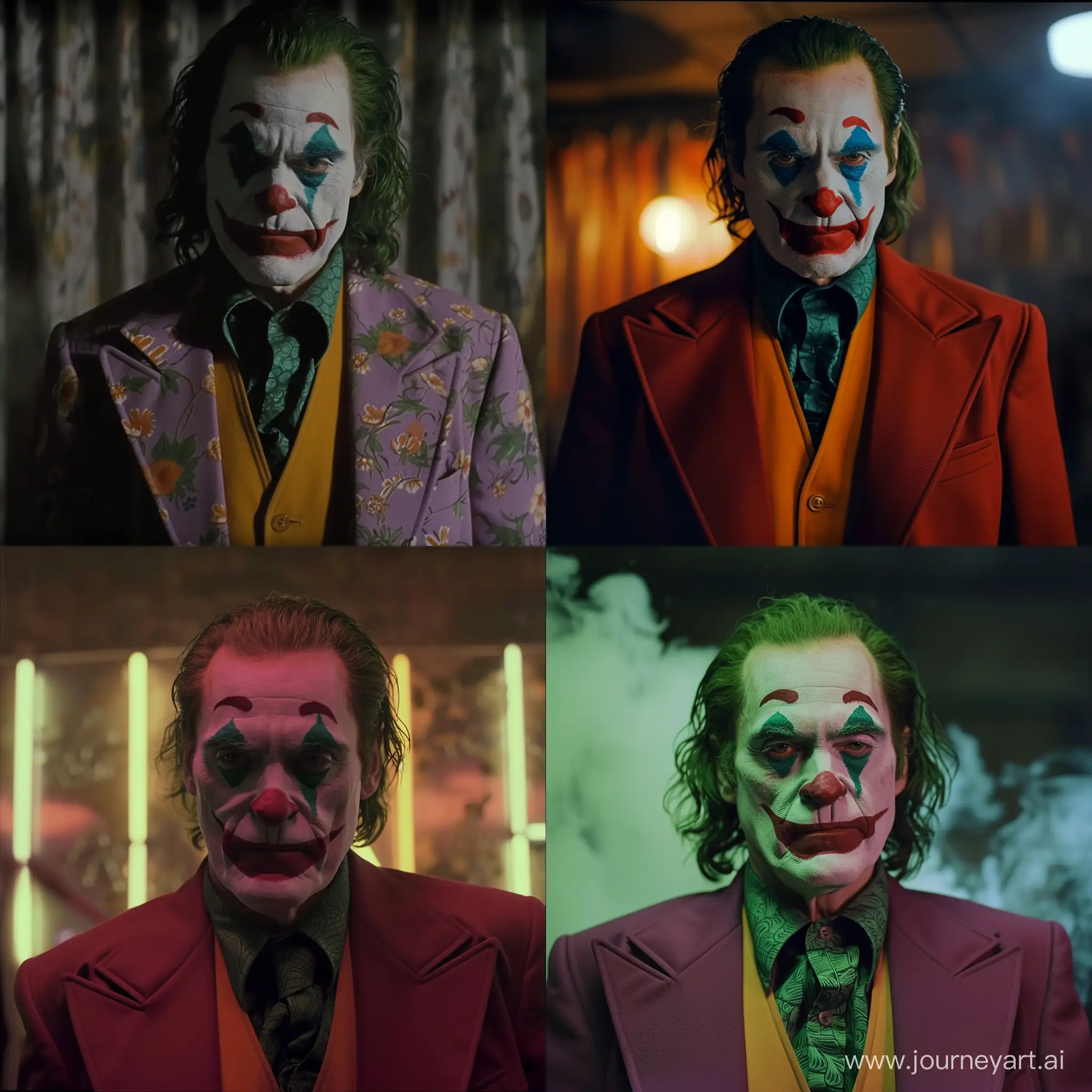dvd screengrab from a film, (bryan Cranston) as joker, in a joker costume with new designs and color schemes, aesthetic and soft, with 1980s film effects