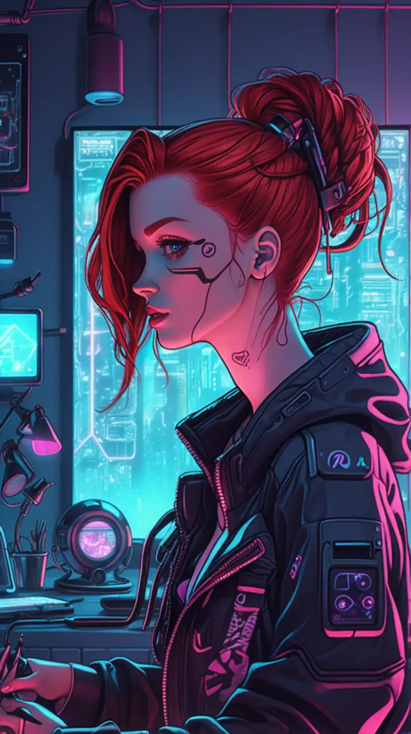 Redhead Woman Embracing Cyberpunk Futurism in Animated Comic Style at Home
