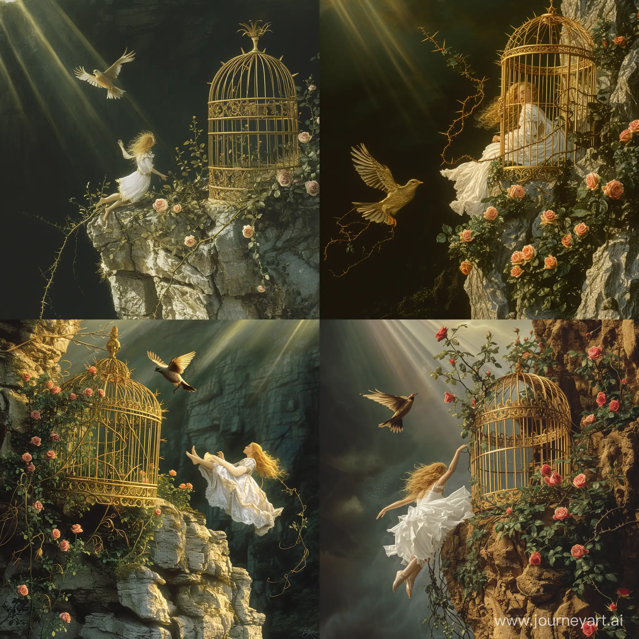Golden-Cage-and-Dawn-Plunge-Enchanting-Scene-of-a-Falling-Girl-and-a-Graceful-Bird