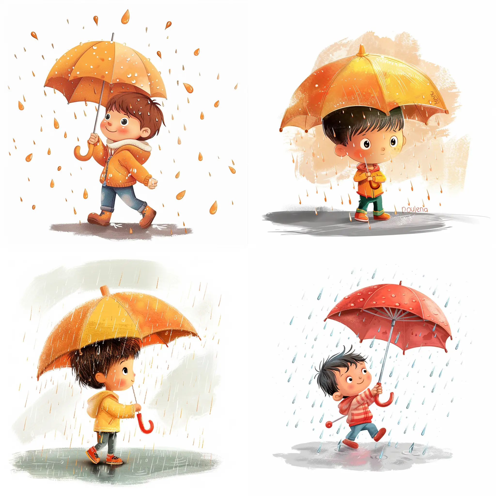 cartoon illustration of a little boy with an umbrella under rain, the style of a children book, the picture is well lit, large production, white isolated background