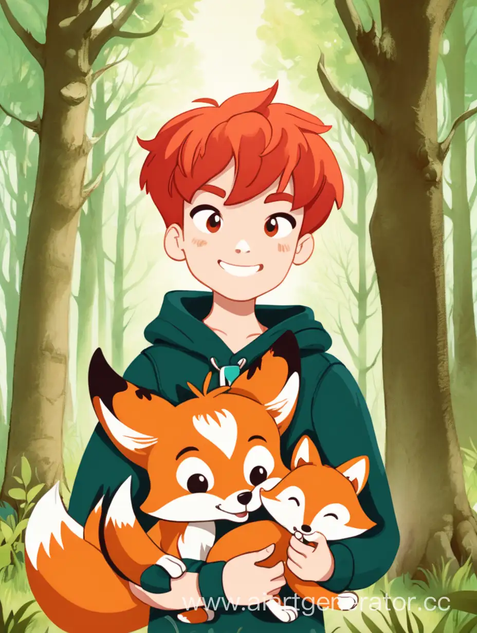 Рыжий мальчик в лесу с лисёнком на руках