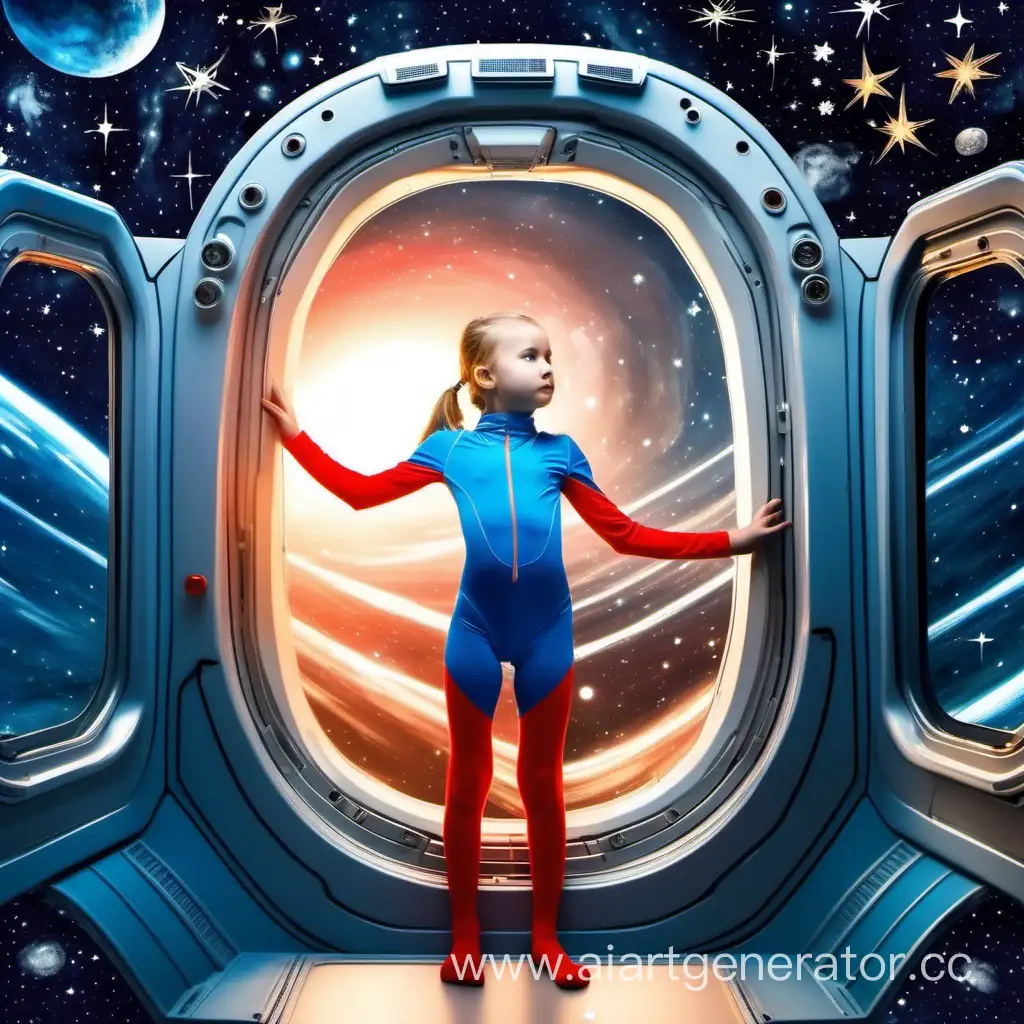 русская девочка 12 лет стоит у окна кабины космического корабля, за окном круговерть звёзд, на ней синий боди, красные колготки, белый шлем