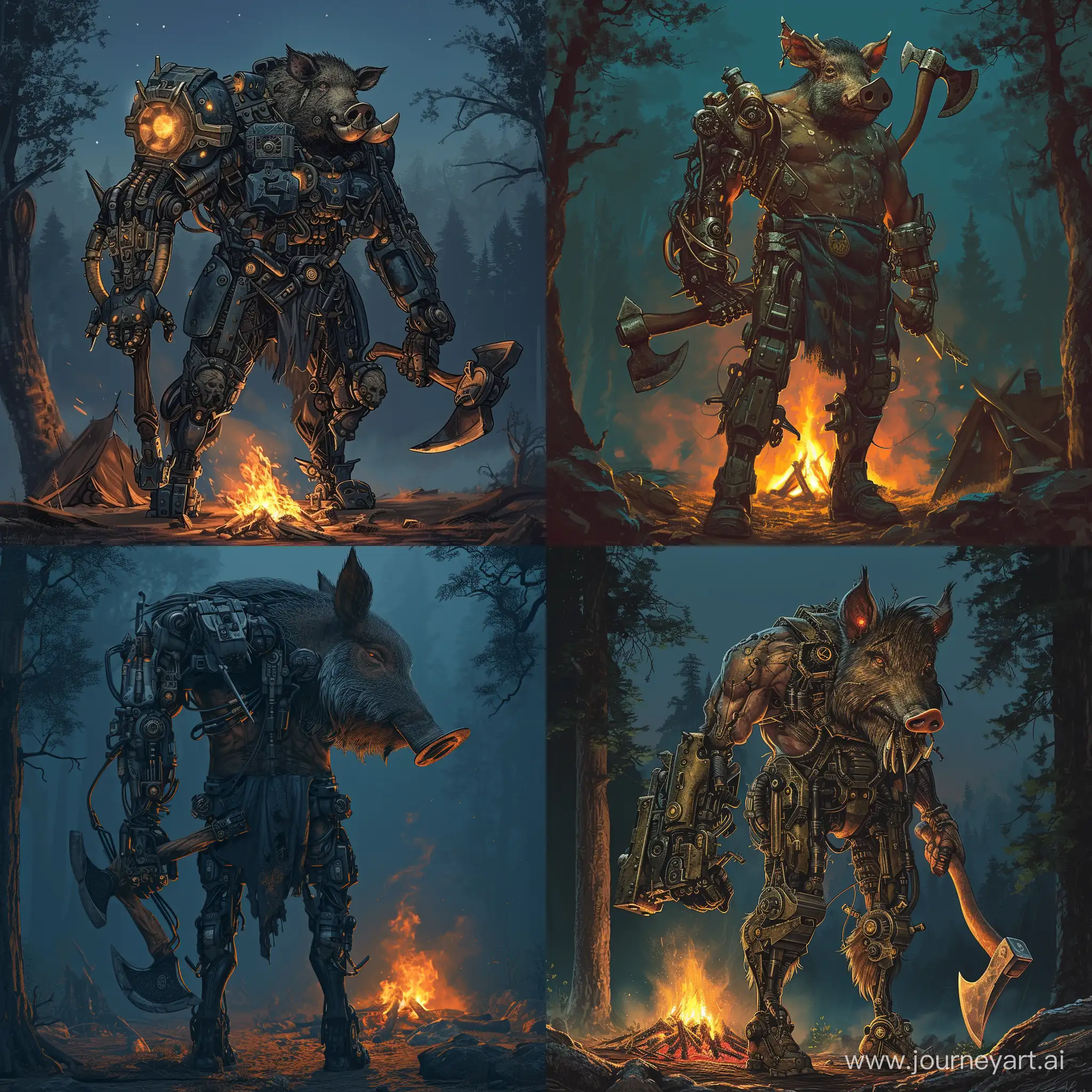 Dark-Fantasy-Steampunk-Boar-Man-with-Mechanical-Limbs-by-Campfire
