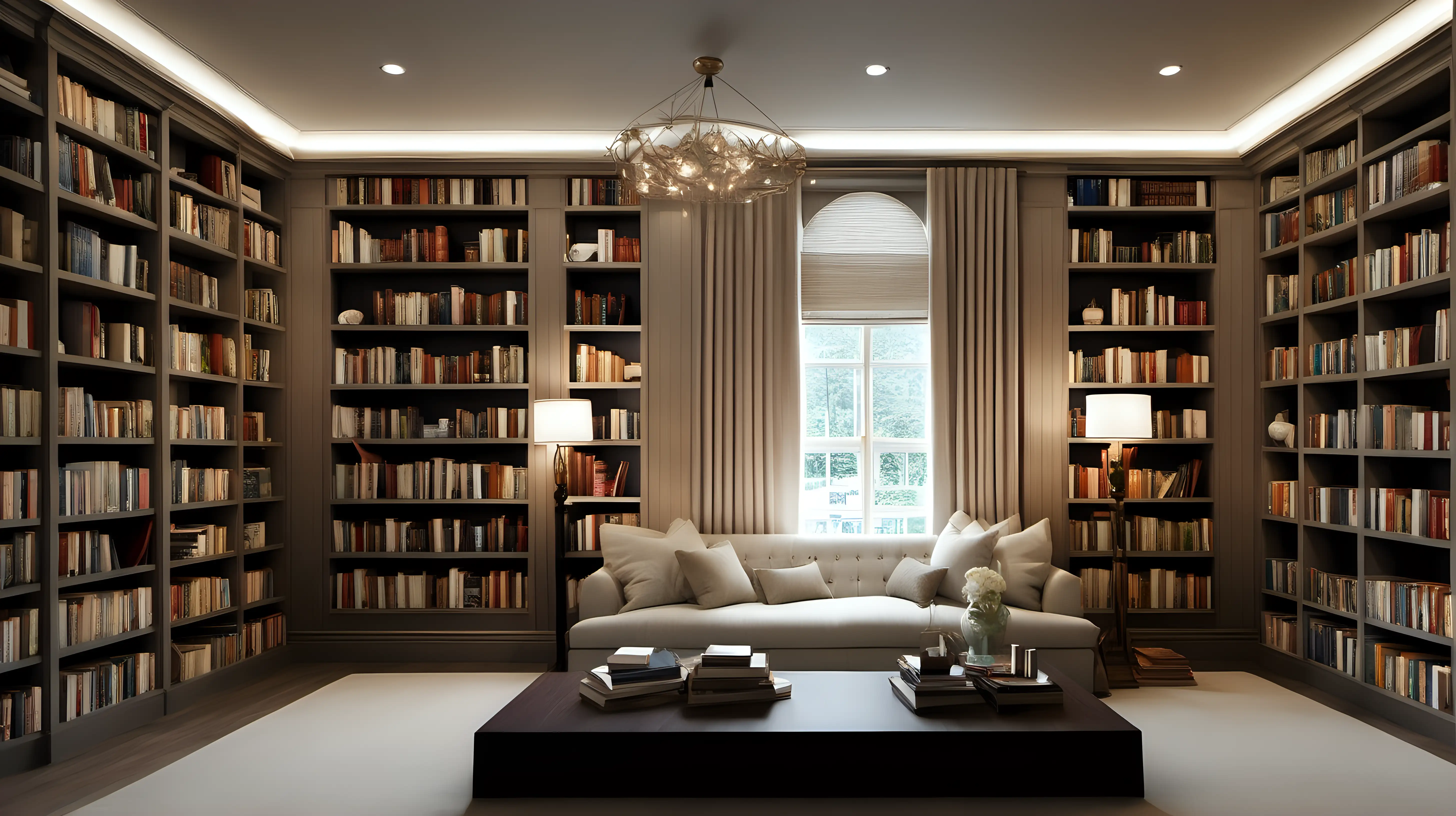 Elegant Home Library with Cozy Reading Corner and Builtin Bookshelves