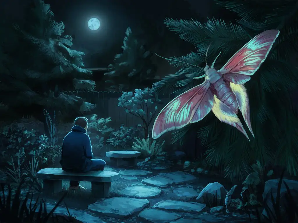 Mystic-Garden-Encounter-A-Man-and-Majestic-Night-Moth-beneath-the-Forest-Pines