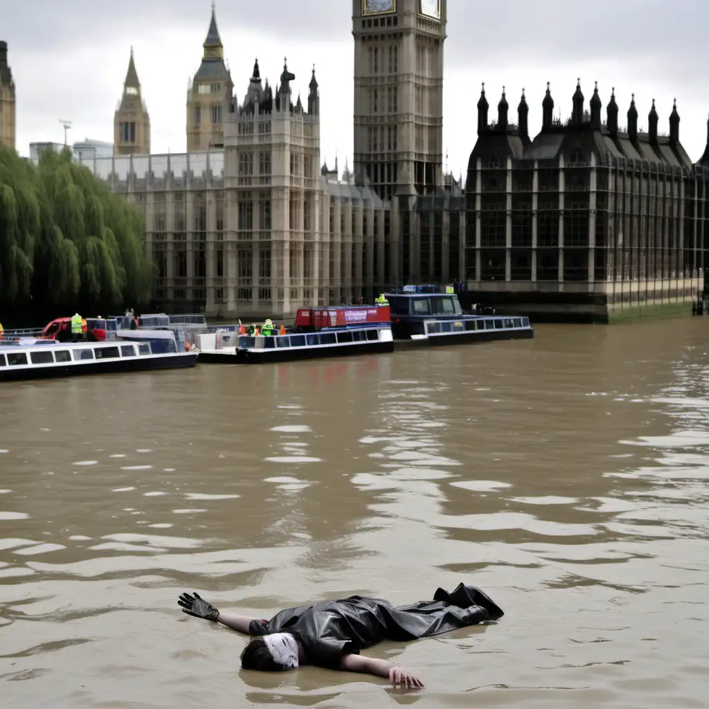 a dead body is floating face down on the river thames in central london by the houses of parliment