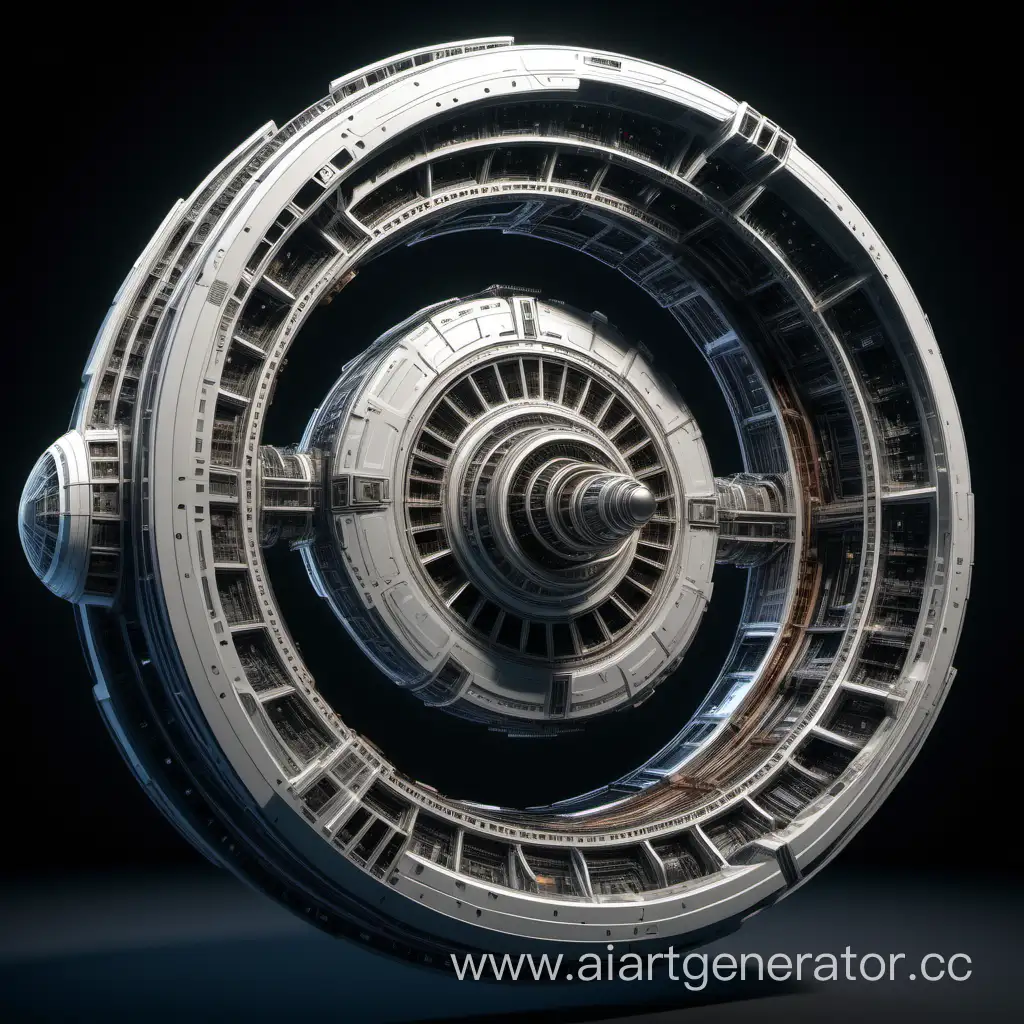 Сгенерируй мне межзвёздный корабль с центробежной системой симуляции гравитации. Двигатель и навигационный блок в центре, вокруг него идёт кольцо. Вид сбоку