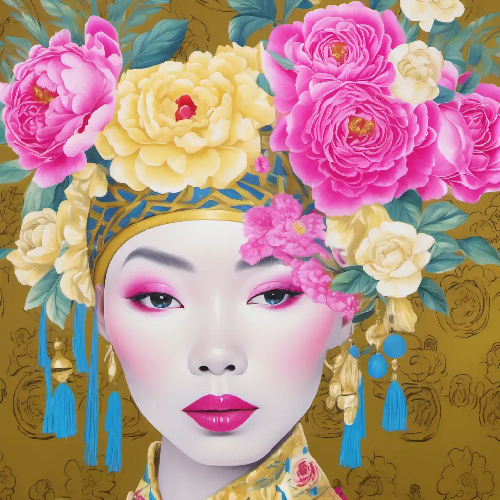 African lady, bright pink lips,  bright yellow roses, hot pink peonies and pagoda headdress, blue and goldchinoiserie wallpaper 
