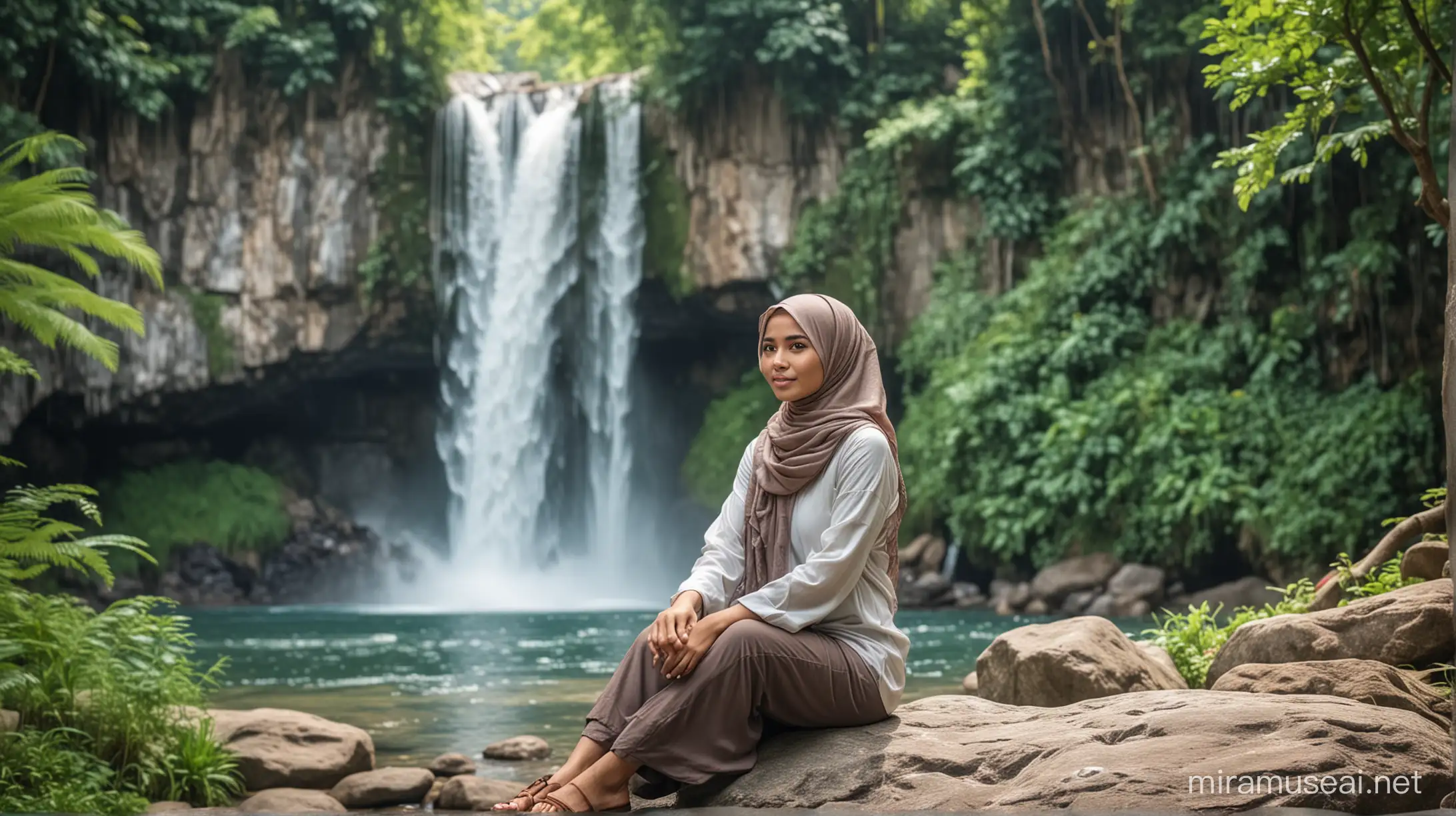 Seorang wanita cantik muslim Indonesia sedang duduk di atas batu,clos up,background air terjun yg indah, dengan pepohonan yg Rindang dan subur, realistis ultra HDR extreme 