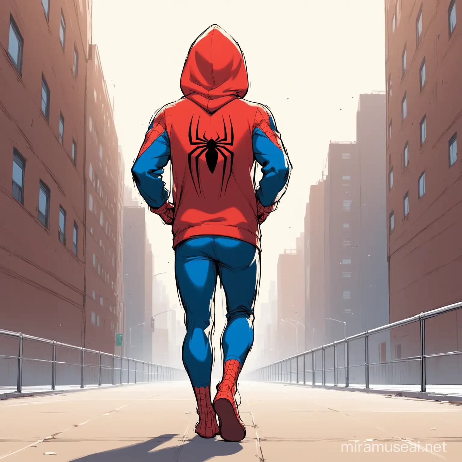 young looking Spider man, wearing hoodie, walking and look back,
