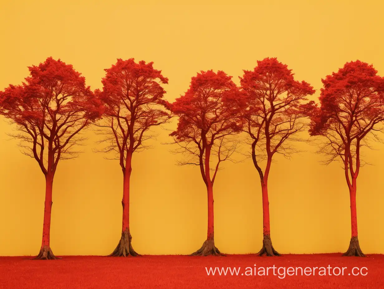 Enchanting-Autumn-Scene-with-Five-Old-Red-Trees-on-a-Vibrant-Yellow-Canvas