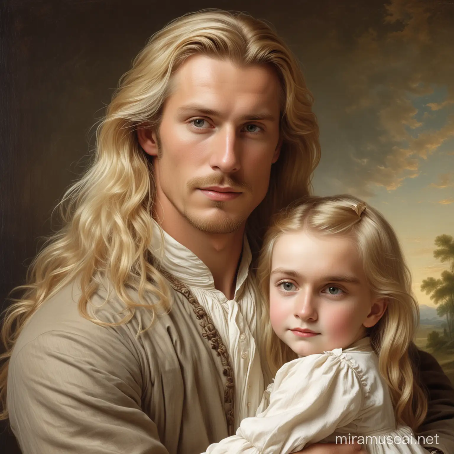 hombre noble de cabello largo y rubio, tez blanca; junto a una hermosa mujer abrazados. De 1840. Al medio está su hija de dos años