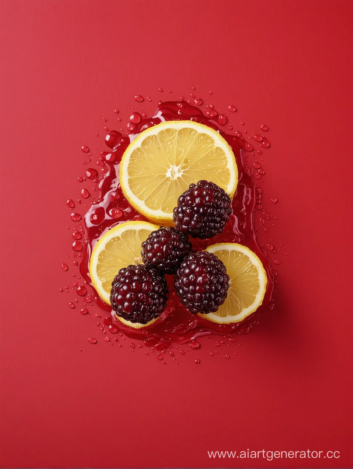 Boysenberry with lemon slices water drop on RED background