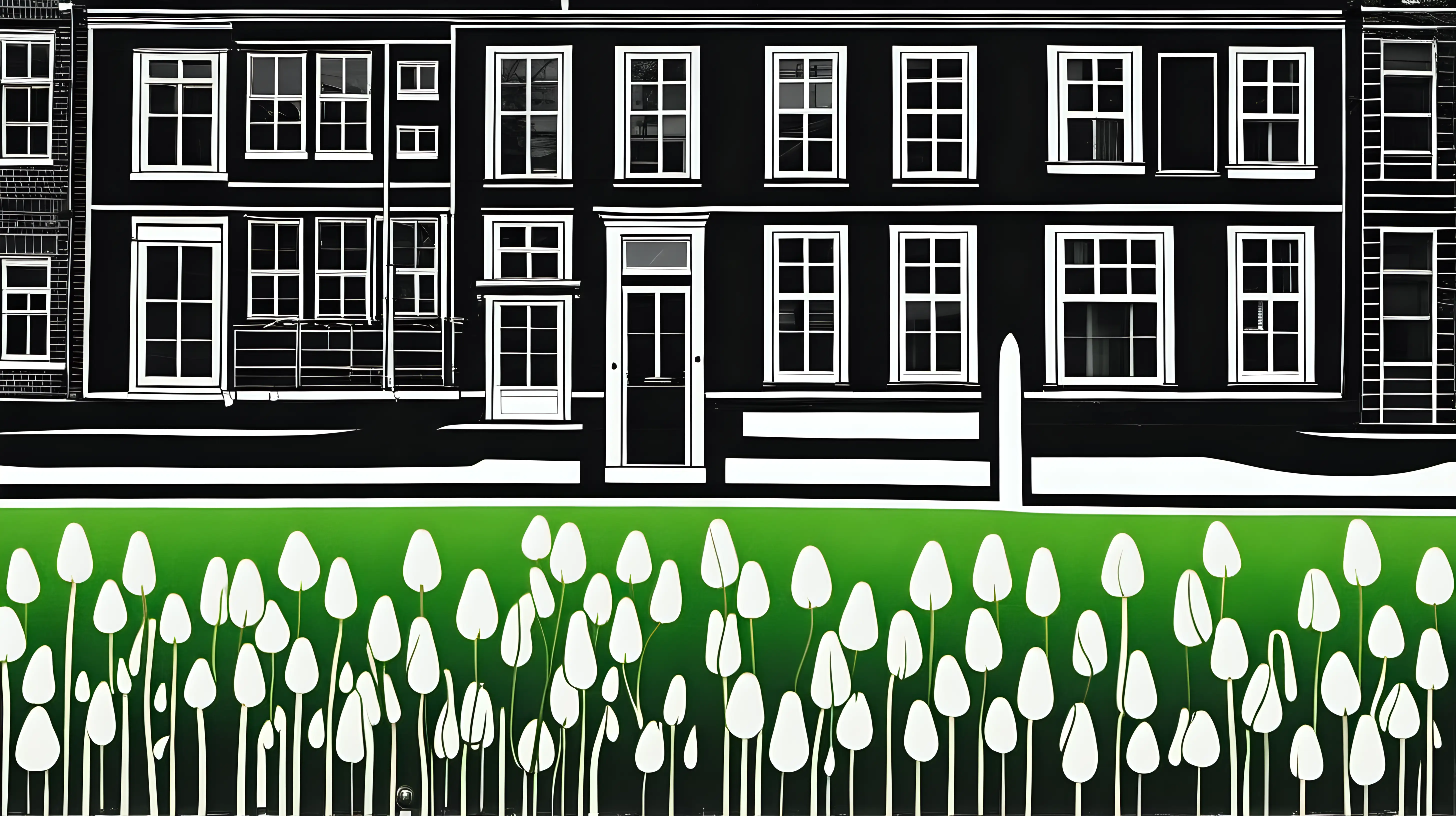  a green and black pictogram of a large white snowdrop in front of a silhouette of an Amsterdam canal house 
