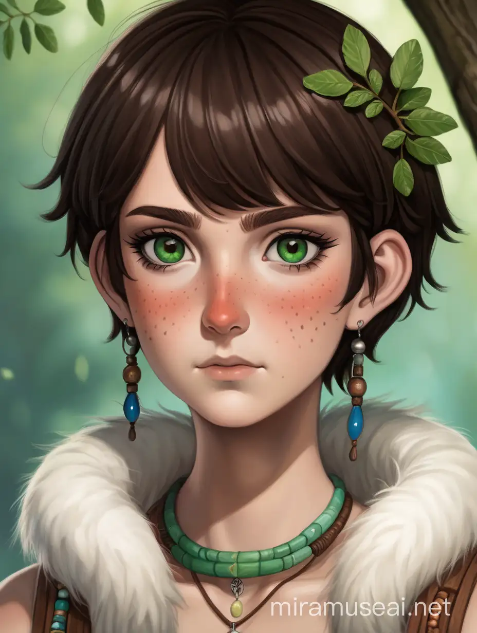 30-year-old woman with dark green eyes, she has choppy short hair  with dark brown hair, with a little freckles. A juniper tree necklace. 
Her outfit is inspired by Princess Mononoke.  Her outfit consists of white furs. She has no markings on ger face.   SHE HAS DARK BROWN HAIR. She has a greek nose. Her face is round. She is kinda pale. She has two small braids in the front. She has rosy cheeks. She has a 1 dangly earring that is a leaf. She has beads and little leaves in her hair.