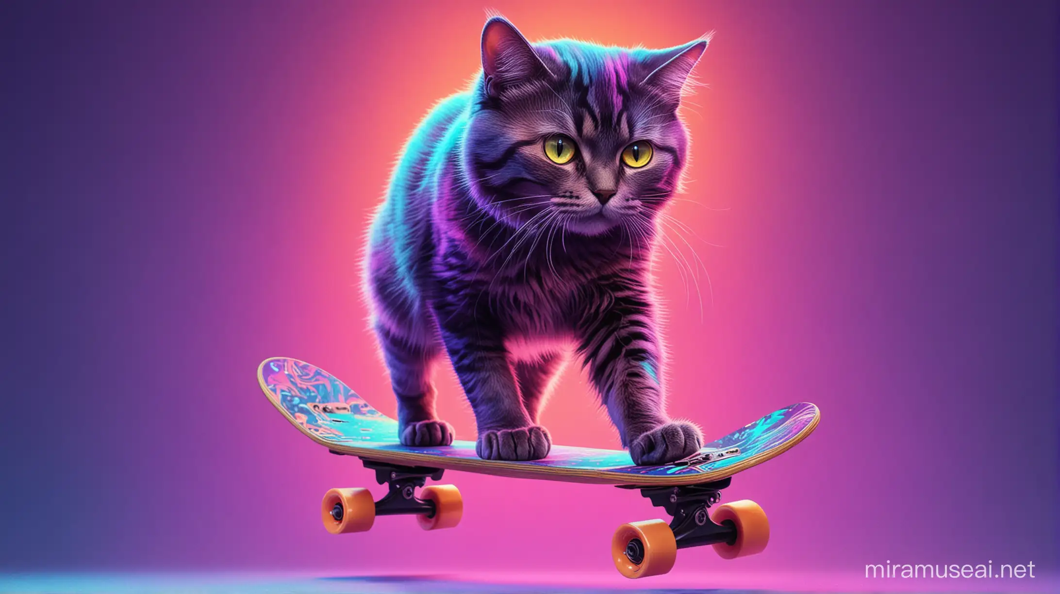 A psychedelic cat riding a skateboard in neon background