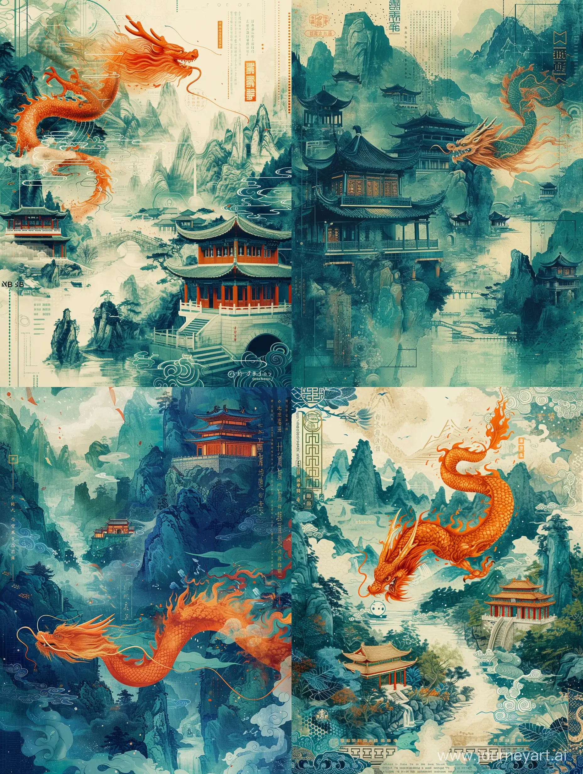 A traditional Chinese fire dragon flies among Chinese mountains and rivers，A Chinese landscape painting with pavilions, blue and green， sharpie illustration, MBE illustration, bold lines, in the style of grunge beauty, mixed patterns, text and emoji installations，3k --ar 3:4 --s 250