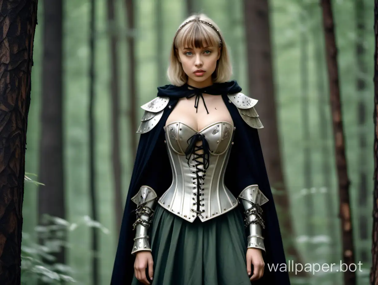 Young Angelina Dimova. Russian, warrior volunteer, short light hair with bangs, large breasts size 4, narrow waist, wide hips, corset with lacing and steel ornamentation, Skirt with metal overlays, short cloak on the right shoulder, Dense forest background. style Julia Bell