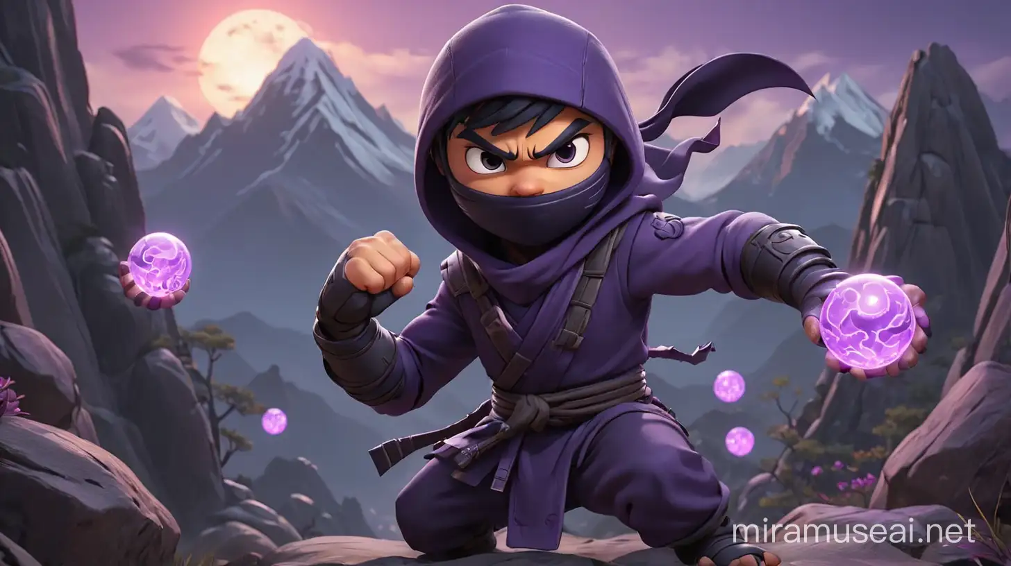 Dynamic Ninja in Mountainous Landscape with Glowing Purple Orb