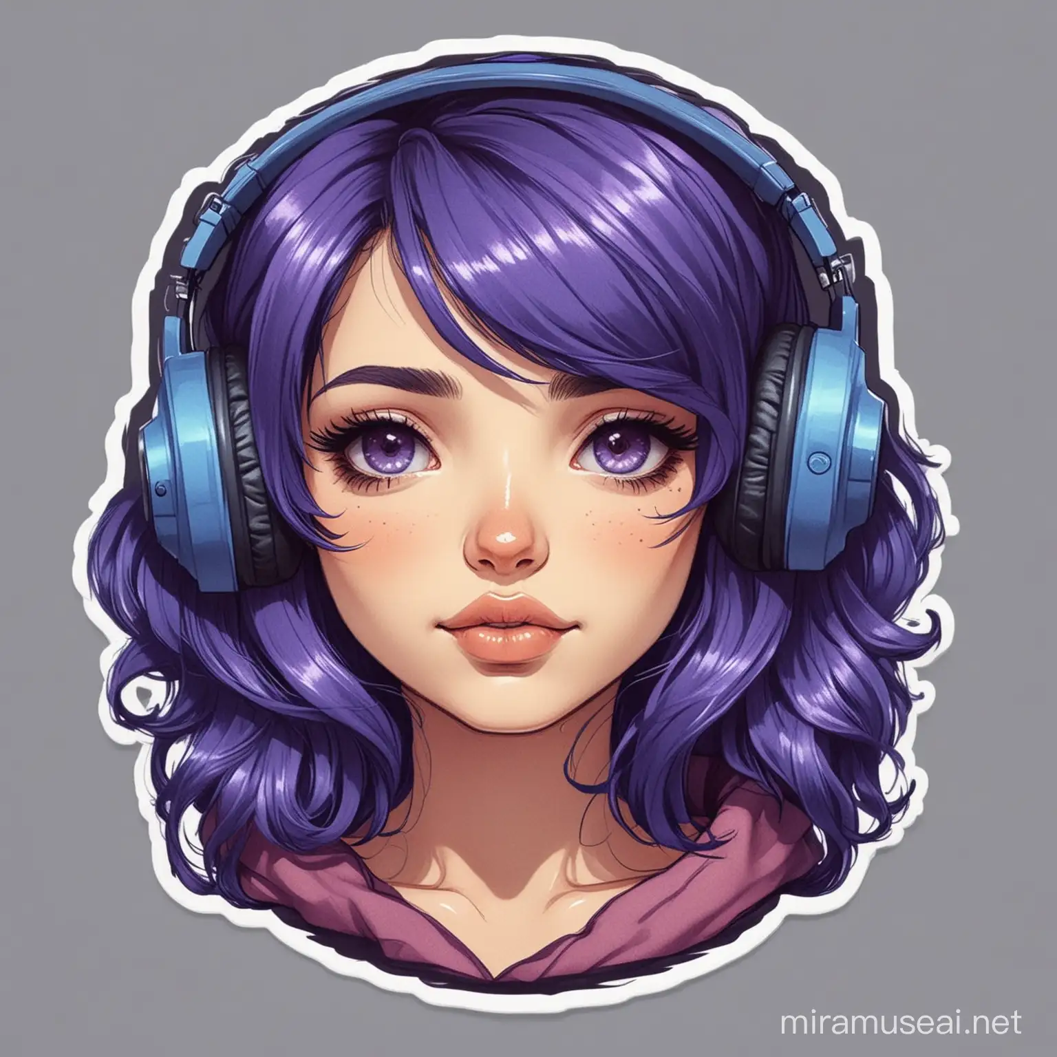 cozy woman, cartoon sticker style, high level detail, dark blue violet colored hair, wearing blue and violet headphones
