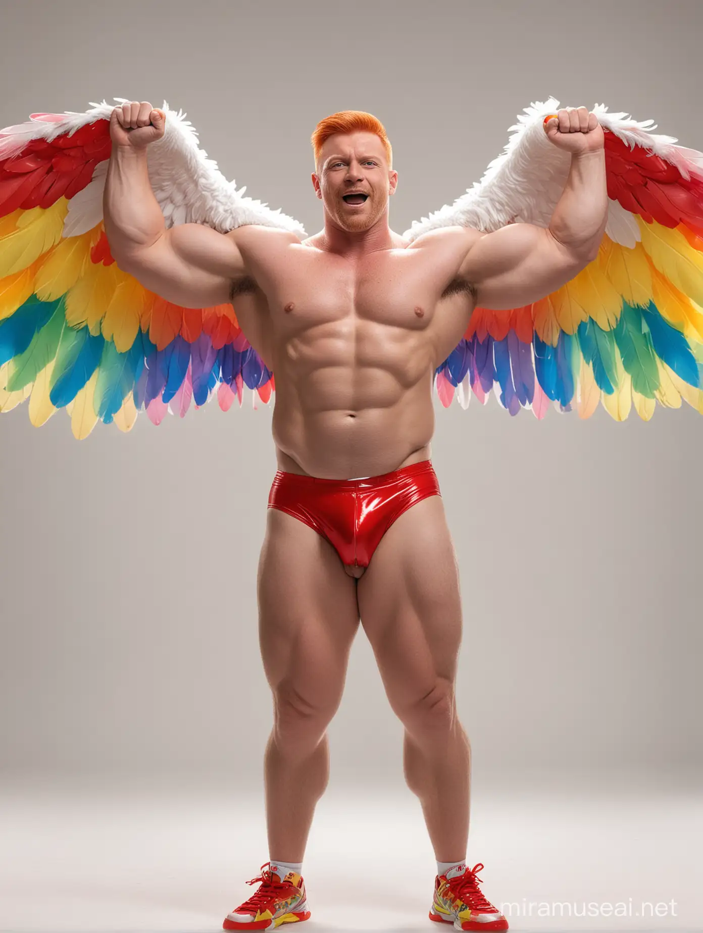 Studio Light Topless 30s Ultra Chunky Red Head Bodybuilder Daddy Wearing Multi-Highlighter Bright Rainbow Colored See Through huge Eagle Wings Shoulder Jacket short shorts and Flexing his Big Strong Arm Up with Doraemon