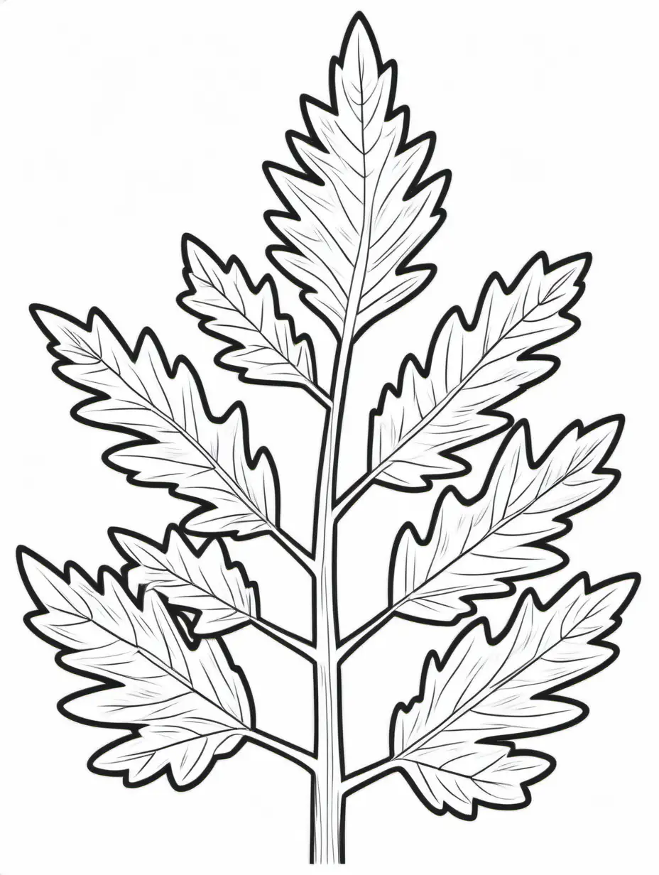 a pine tree coloring book, black and white, individual oak leaves, no shading, no background, thick black outline