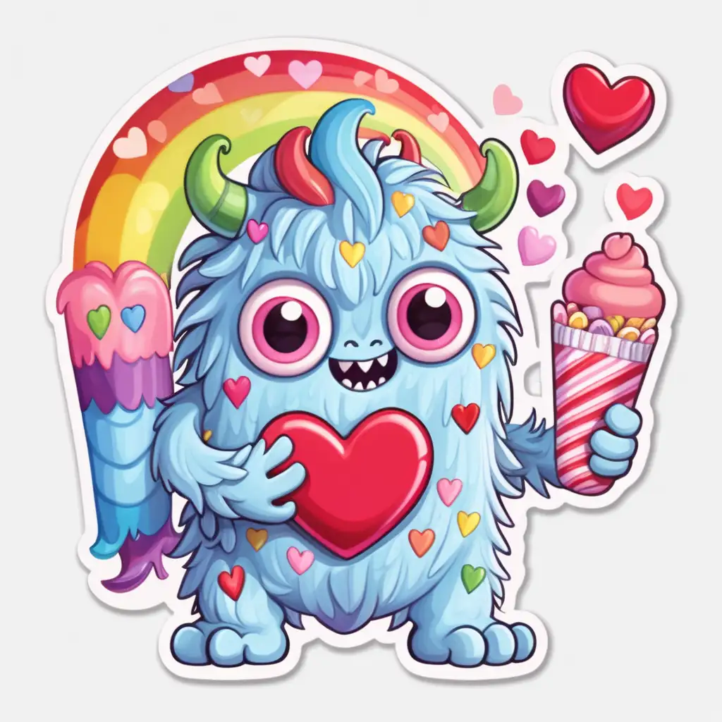 whimsical, cartoon, fairytale,pastel,cute valentine monster, rainbow monster,with valentines candy, hearts.sticker, white background