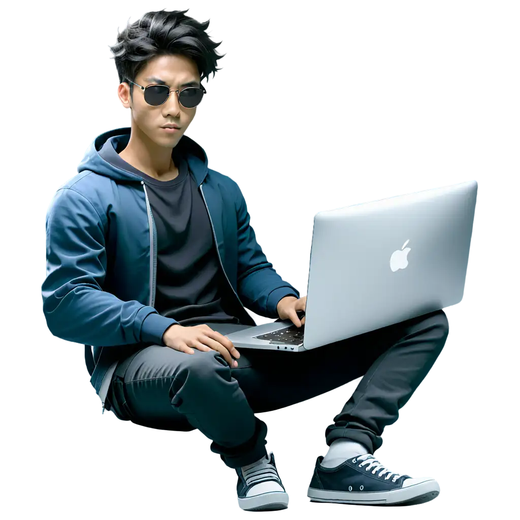 anime, black hacker, Sitting down and hacking with the MacBook on your lap, Korean man wearing sunglasses