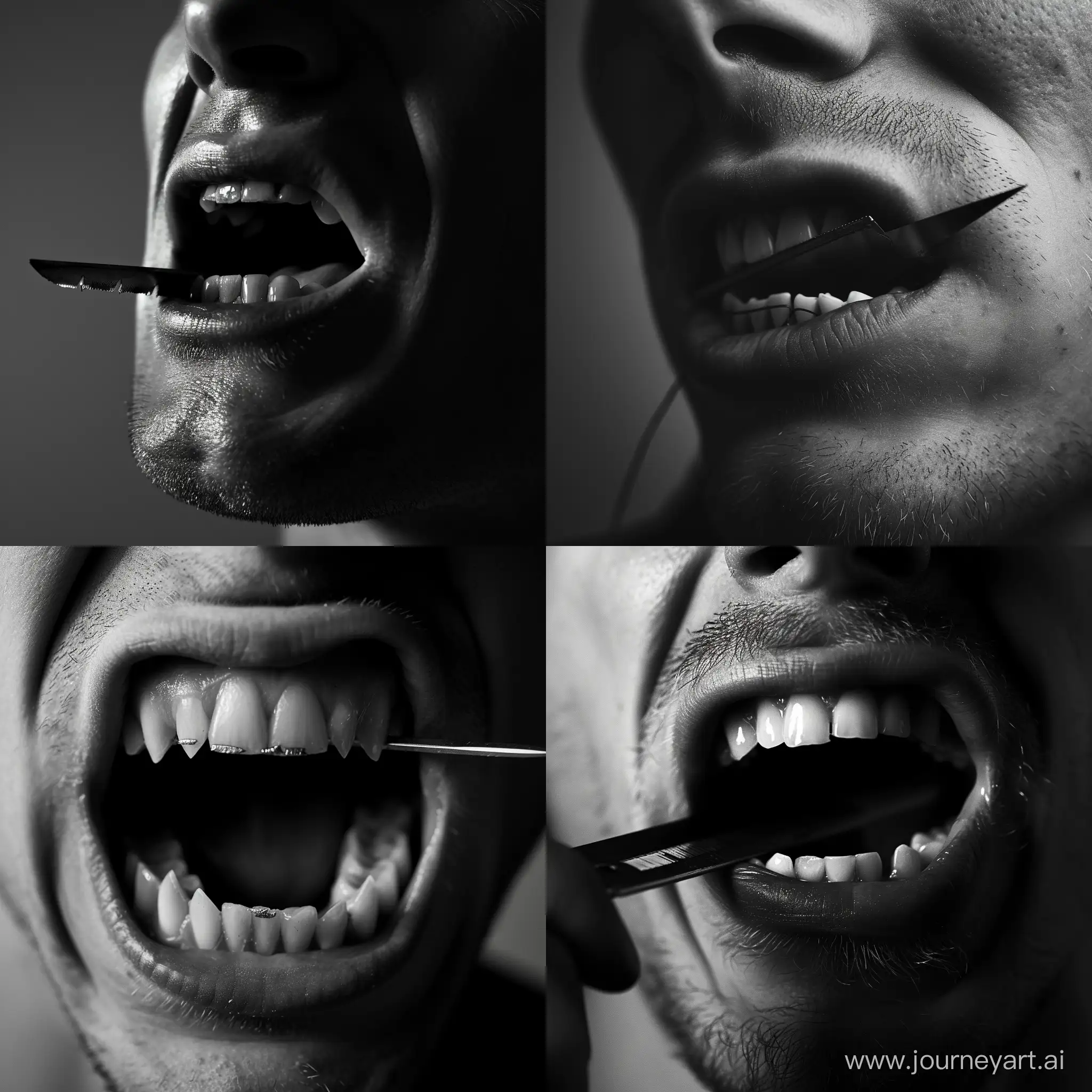 чёрно-белое изображение, крупный план рта, в зубах лезвие бритвы, мужчина, агрессия