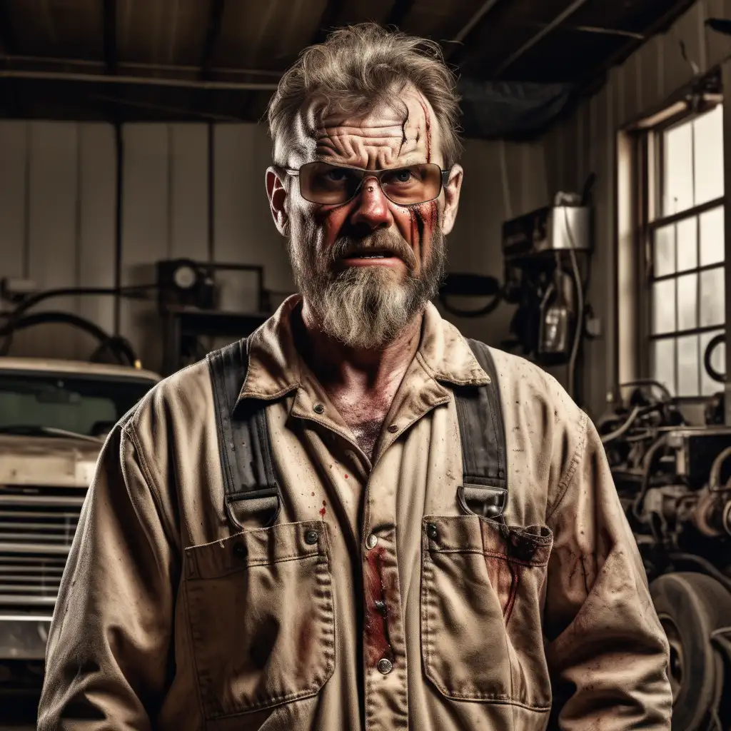 Middle aged, Scary, angry hillbilly mechanic wearing cracked glasses. He is missing a tooch. 
He has a beard.
 He wears tan coveralls with blood and motor oil stains.