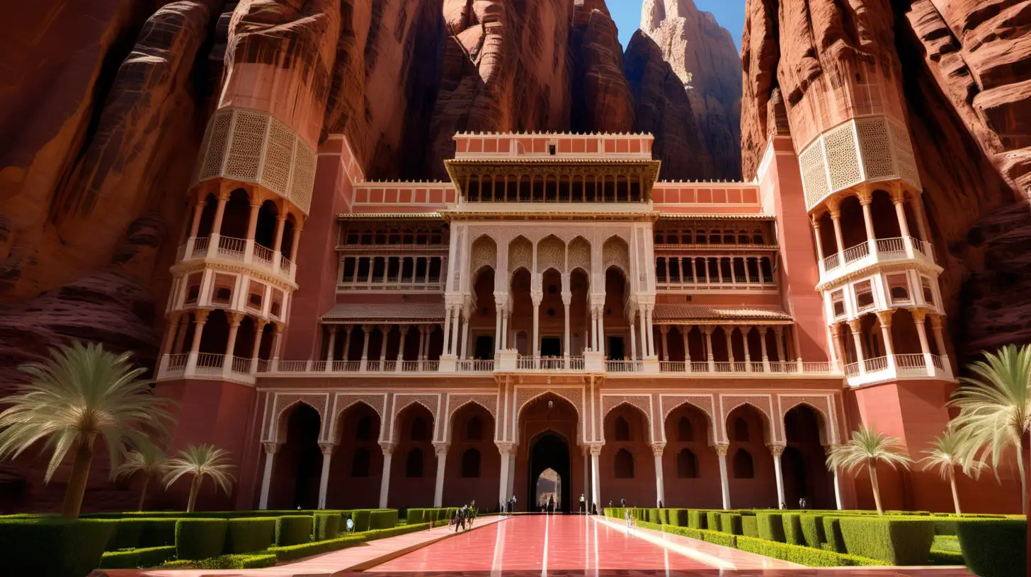 Majestic Moorish Palace Entrance amid Red Rock Mountains