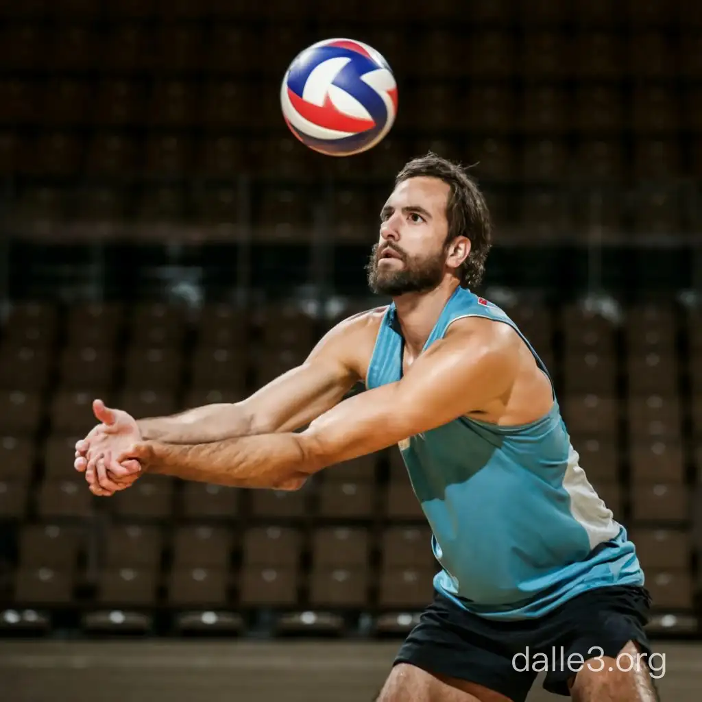 Imagine a bearded volleyball player in action on a vibrant court, confidently spinning the ball in his hand, with a focused and determined expression. The court is filled with the energetic atmosphere of a volleyball match
