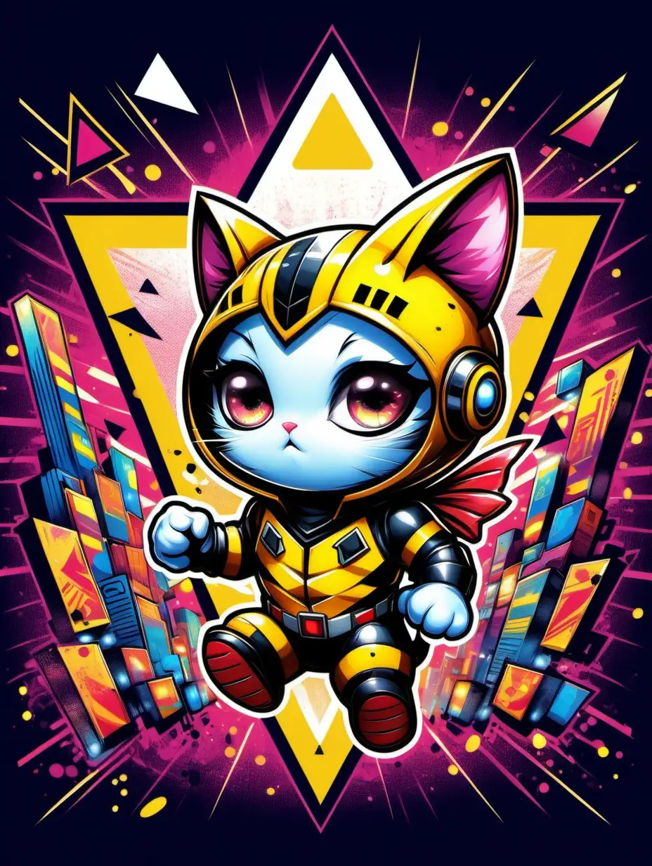 2d poster style, old style poster drawing, high contrast, flat pop art style drawing of a triangle-shaped composition featuring a little naugty cute kitty daredevil, dressed like Bumblebee, glowing. Anime, chibi style. Big head, small body, big eyes. Cute face. The background is filled with graffiti elements, incorporating vibrant electric colors, various shapes, and dynamic lights. The overall image should be lively, colorful, and reflective of contemporary youth culture, embodying the energetic spirit of pop art. Drawing must be in 2d flat style, popart. 
