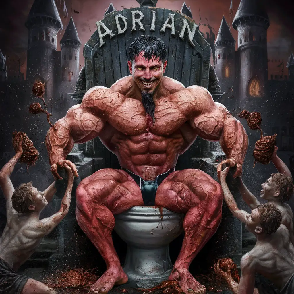 (Realistic Full body inside evil castle) Adrian is the biggest and most muscular bodybuilder in the world. He is a disgusting and evil king. He has a sinnister and perverse grinn with yellow teeth. He has wet, dark, greasy and slicked back hair and a goatee. He is naked. Hes has enormous muscles. He is sitting on hes evil throne wich looks like a big shitstained toilet. Hes pathetic slaves are throwing shit at him, covering hes body with poop.