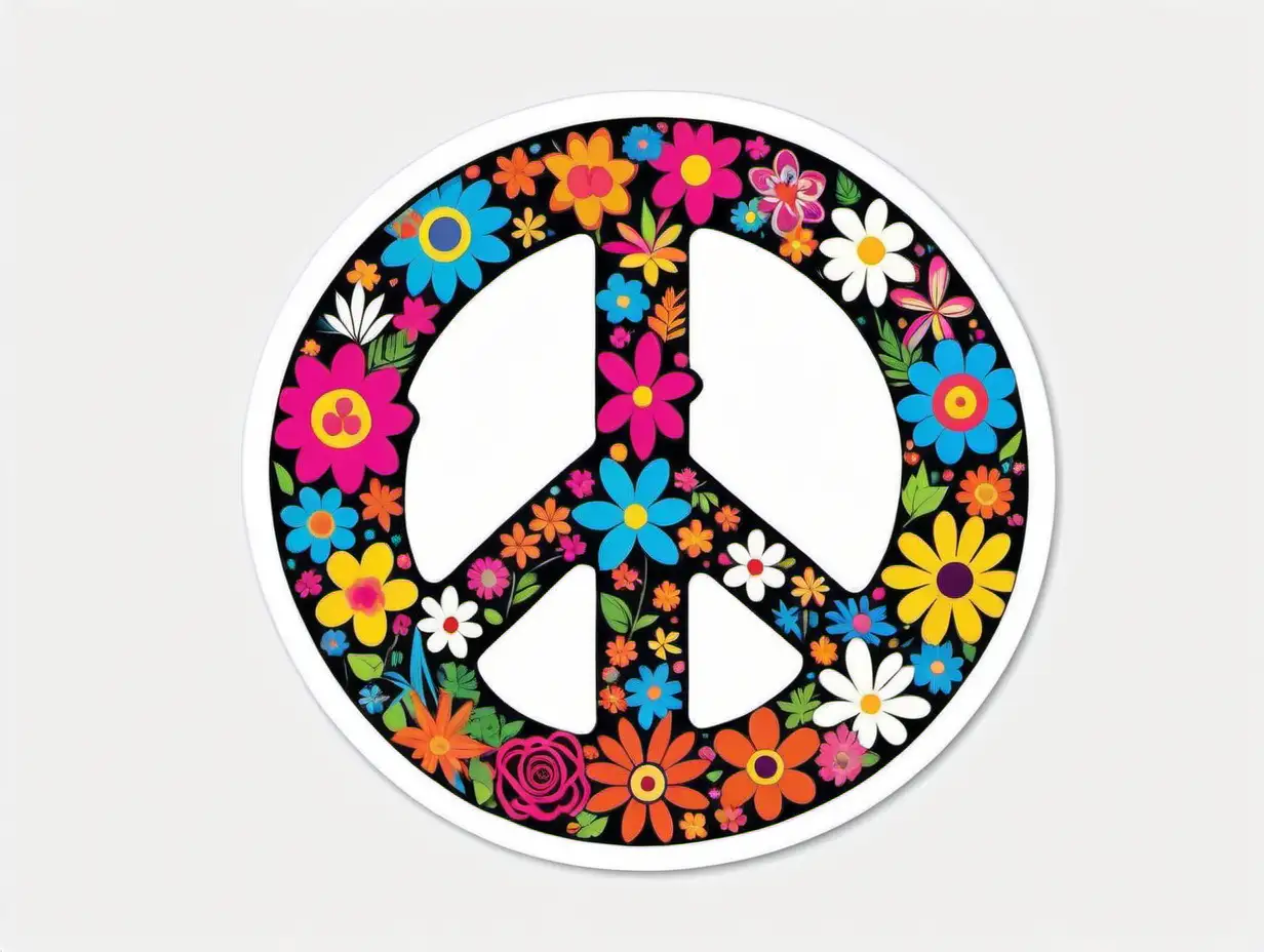 Peace Sign Colorful Flowers, Sticker, Adorable, Bold Colors, Folk Art, Contour, Vector, White Background, Detailed
