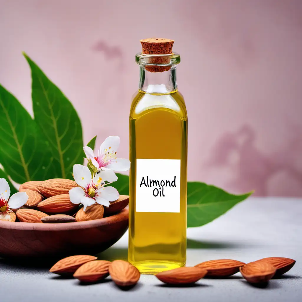 give me an image with no label, almond oil in bottle, background with leaves and flowers, on a table with almonds