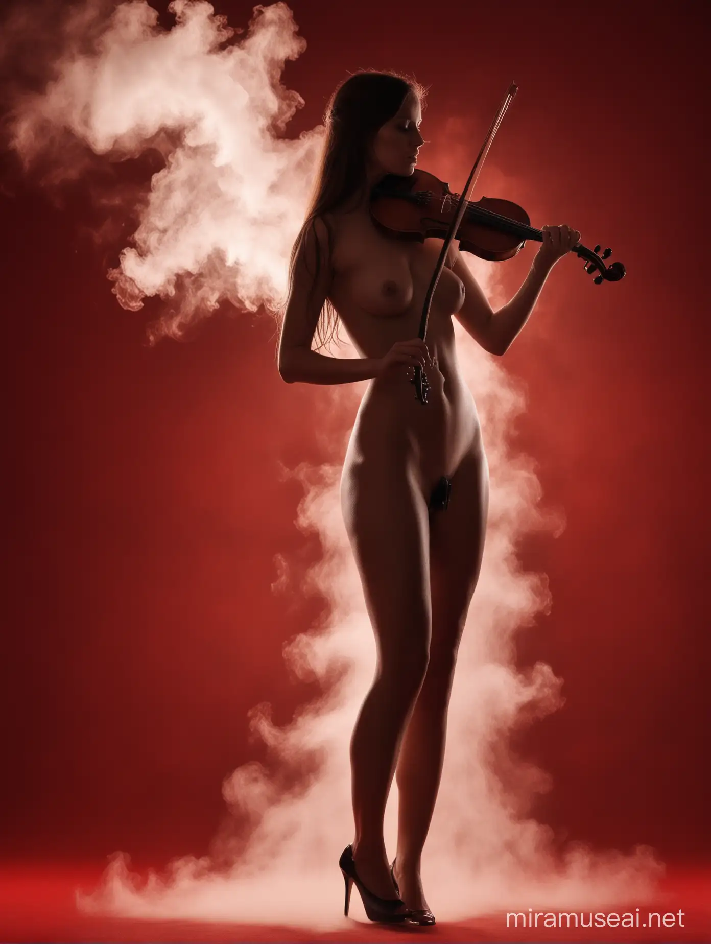 dark silhouette of nude attractive woman playing the violin on dark red backround. Around shape woman is white steam.