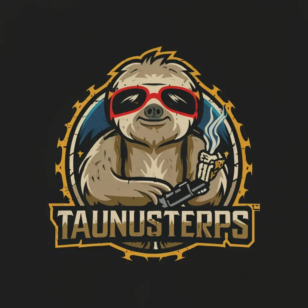 a logo design,with the text 'TaunusTerps®', main symbol:a stoned sloth smoking a joint and add some cannabis. Keep the style of the sloth the exactly the same but make him look like rambo