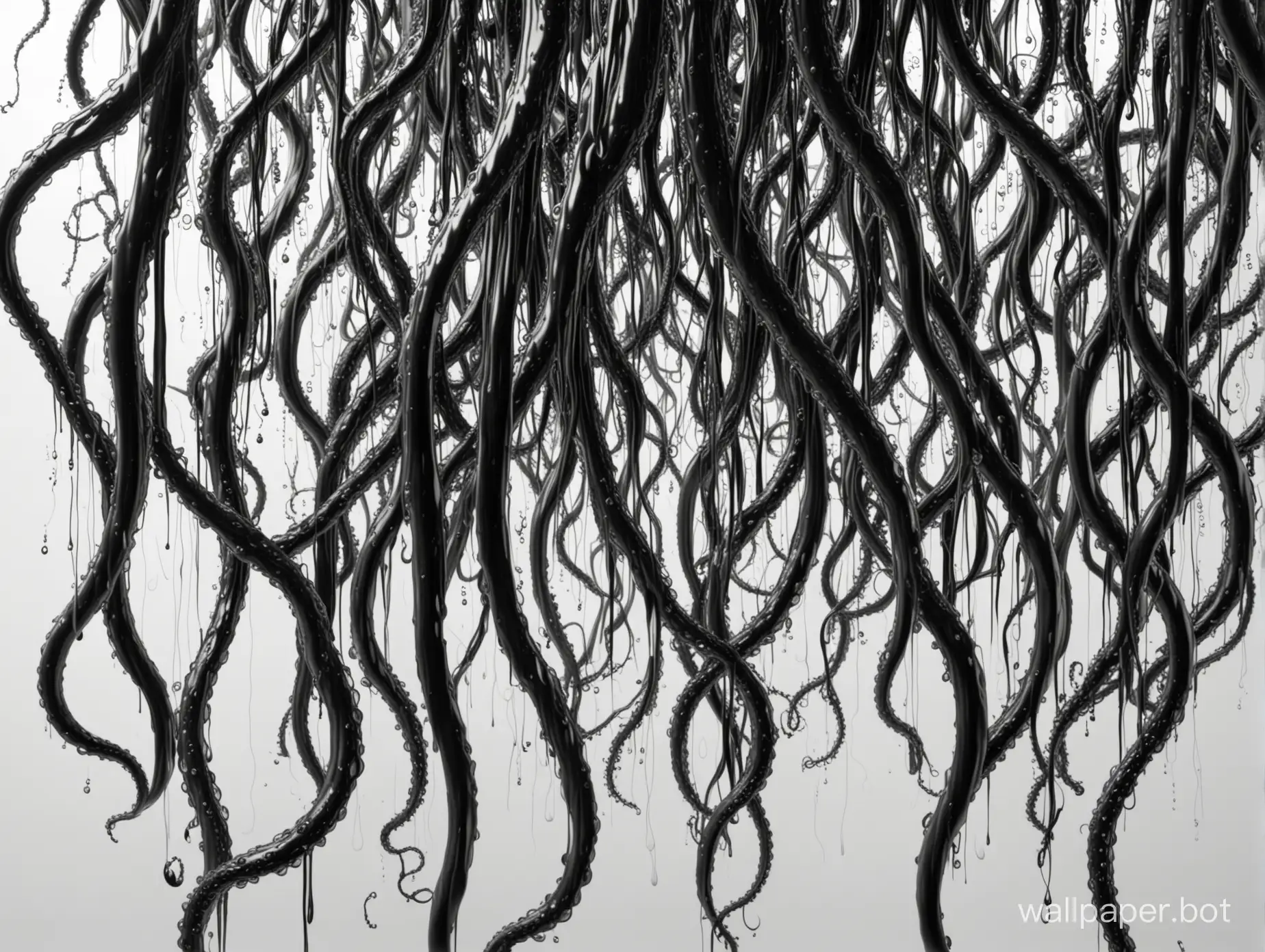 Dripping black tentacles, organic lines, chaotic, profound 3d effect,  ordened, intricate ornamental, white background